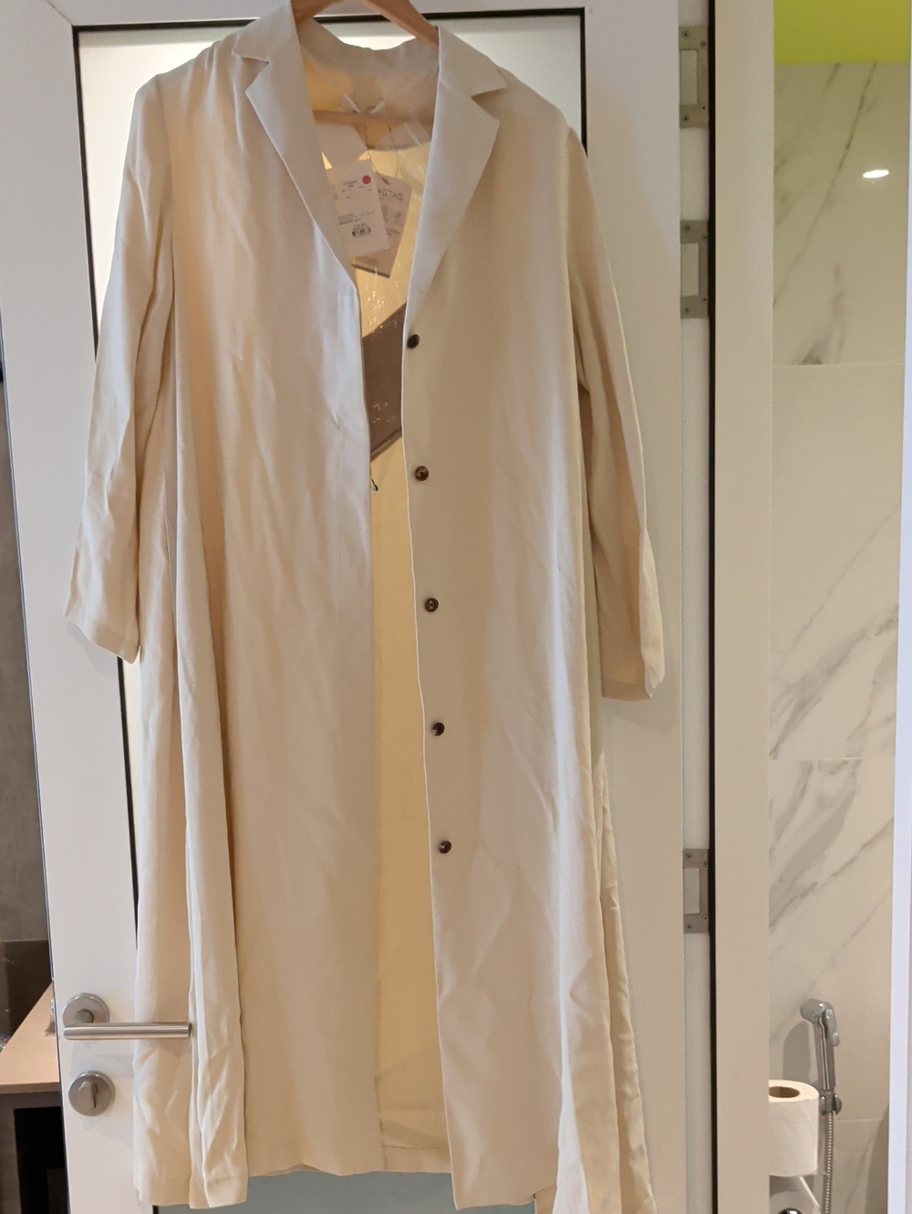 Nwt Long Beige Button-Front Long Sleeve Dress Coat With Leather Sash